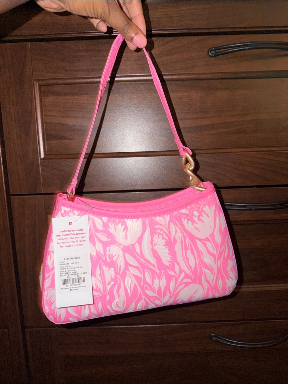 Lilly Pulitzer Pink Floral Shoulder Bag with Gold Accent